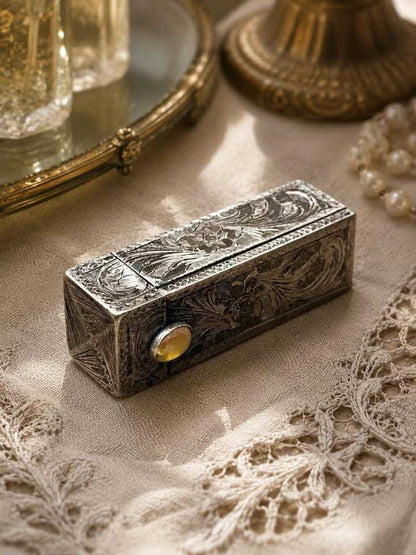 Antique 800 Silver Engraved Sliding Lipstick Case with Hidden Mirror