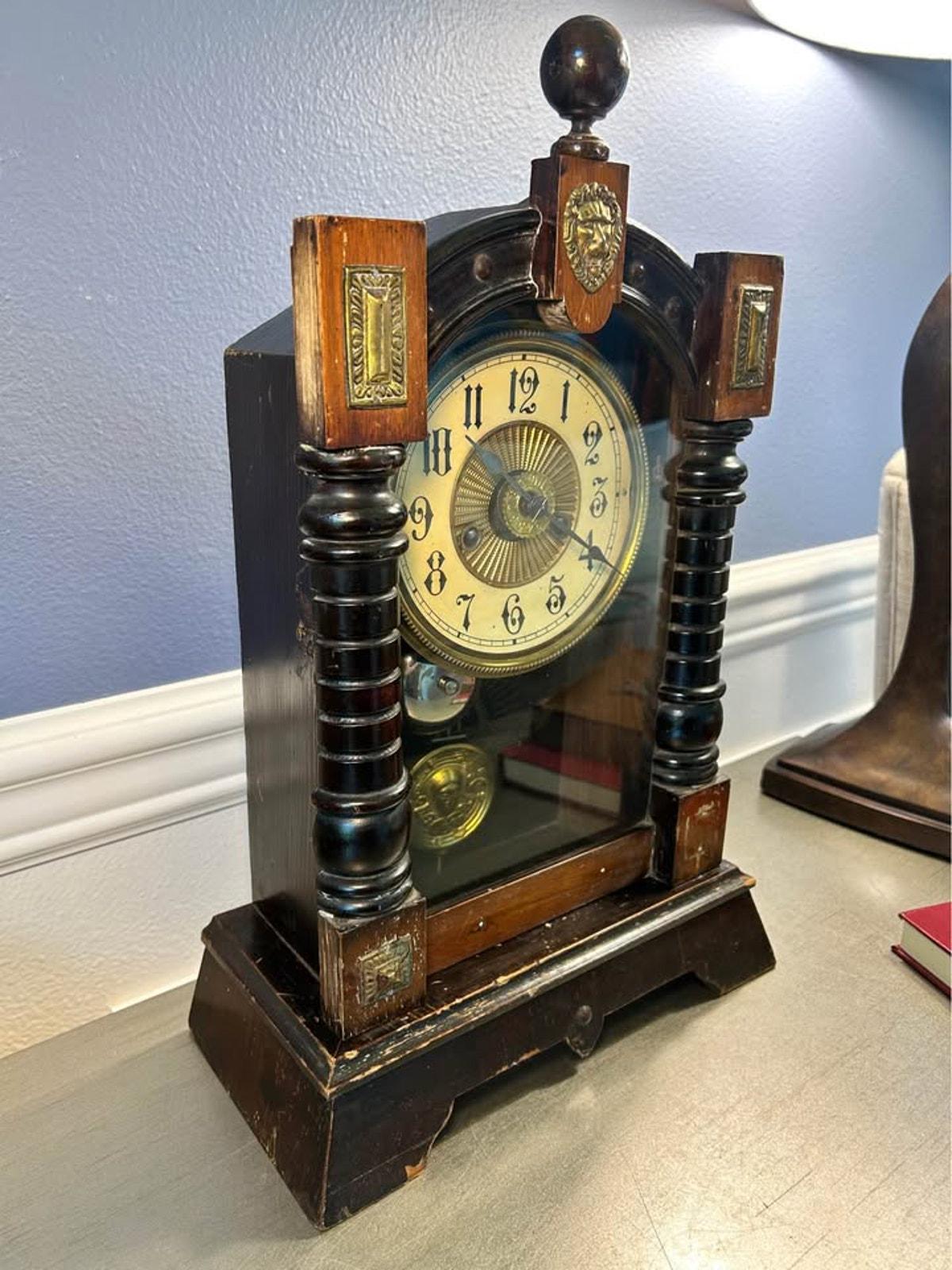 Antique Working Art Nouveau Mantel Clock | Lion Head Crest & Brass Nymph Pendulum