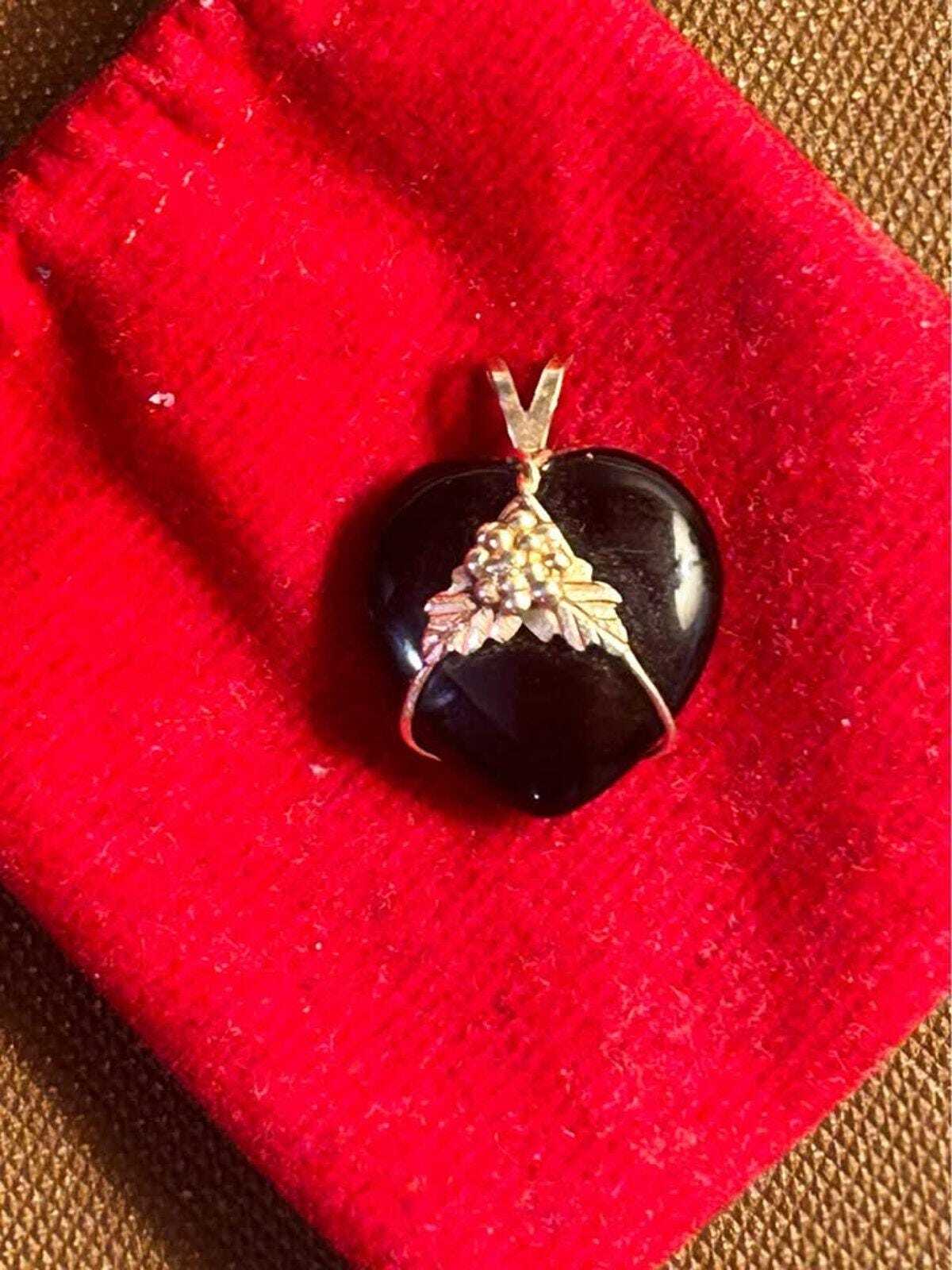 Vintage 14k Black Hills Gold & Onyx Heart Pendant - Grape Leaf Motif