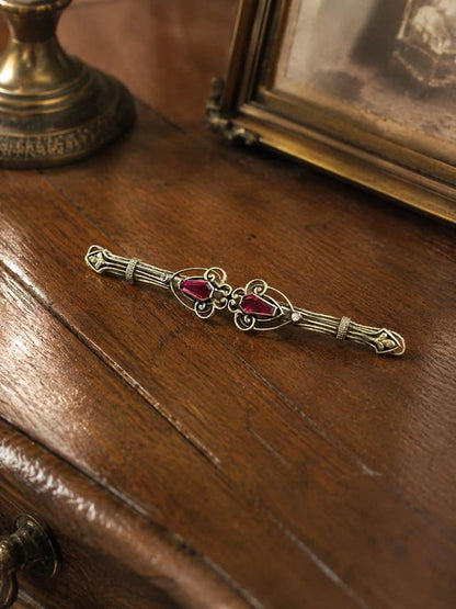 Antique Edwardian Gold Filled Wirework Bar Brooch with Red Coffin Cut Paste Stones
