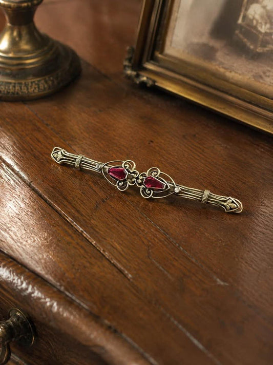 Antique Edwardian Gold Filled Wirework Bar Brooch with Red Coffin Cut Paste Stones