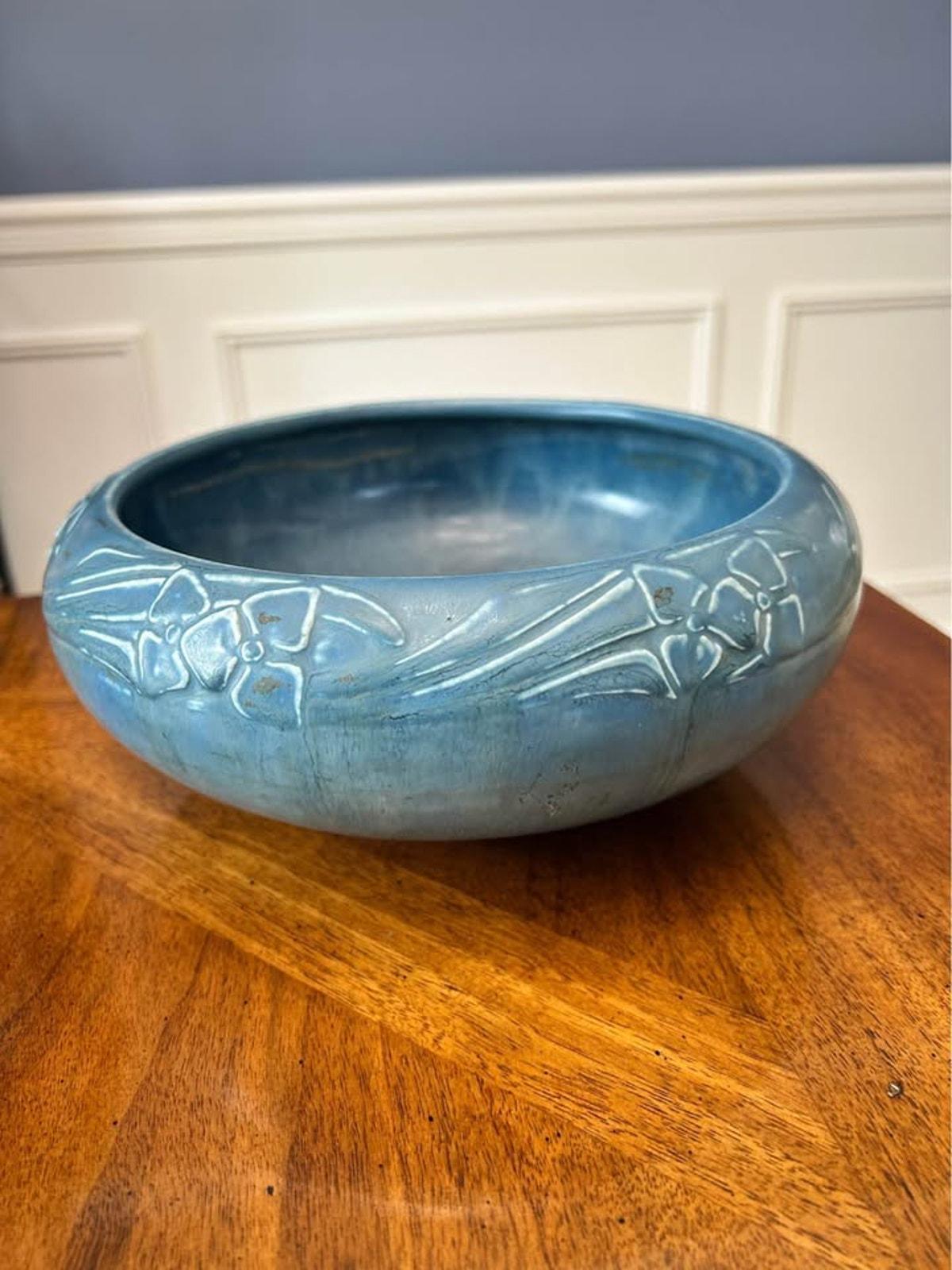 Antique 1927 Rookwood Pottery Matte Blue Relief Floral Bowl Shape 2149