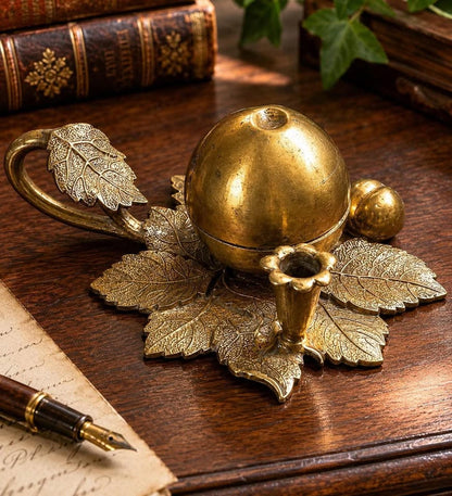 Antique Cast Brass Pomegranate Inkwell & Taper Candle Holder on Detailed Leaf Base
