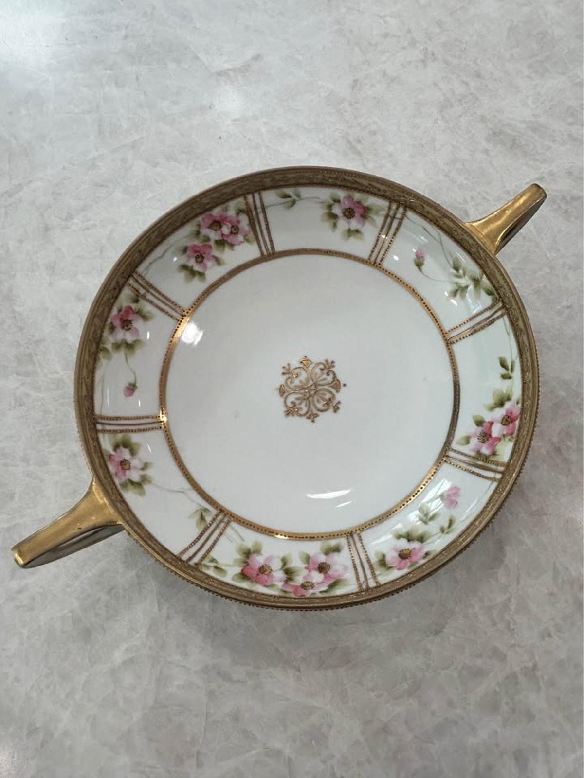 Antique Nippon Hand Painted Porcelain Two Handled Bowl - Morimura Noritake Pink Wild Rose