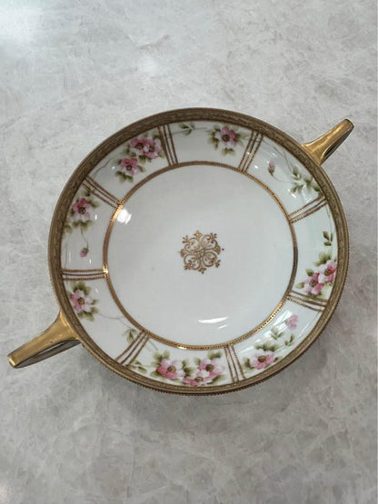 Antique Nippon Hand Painted Porcelain Two Handled Bowl - Morimura Noritake Pink Wild Rose