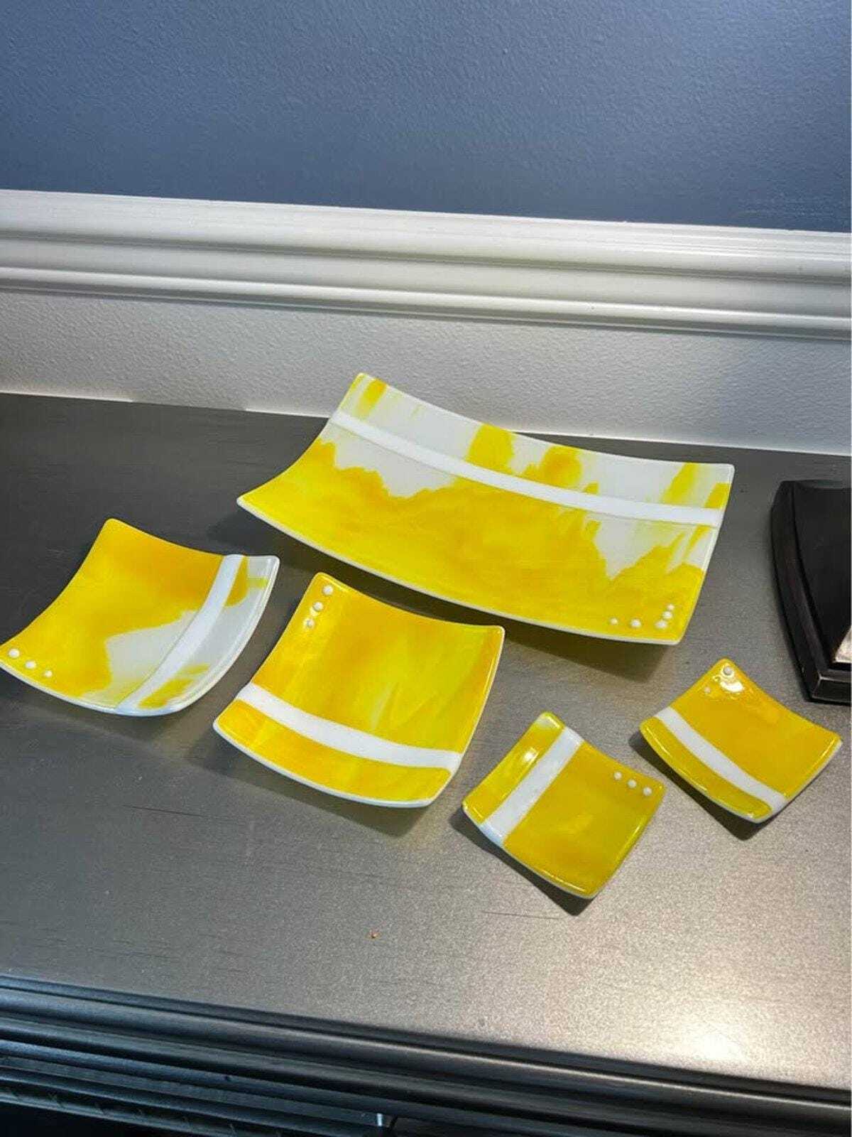 Red Stone Glass Yellow & White Fused Glass Platter and Appetizer Set (5 Pieces)