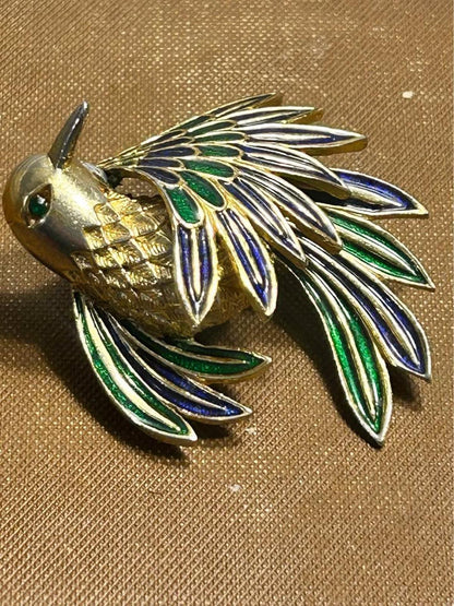 Vintage Sphinx London Bird Brooch, Gold Tone Blue & Green Enamel Pin, Numbered A2597