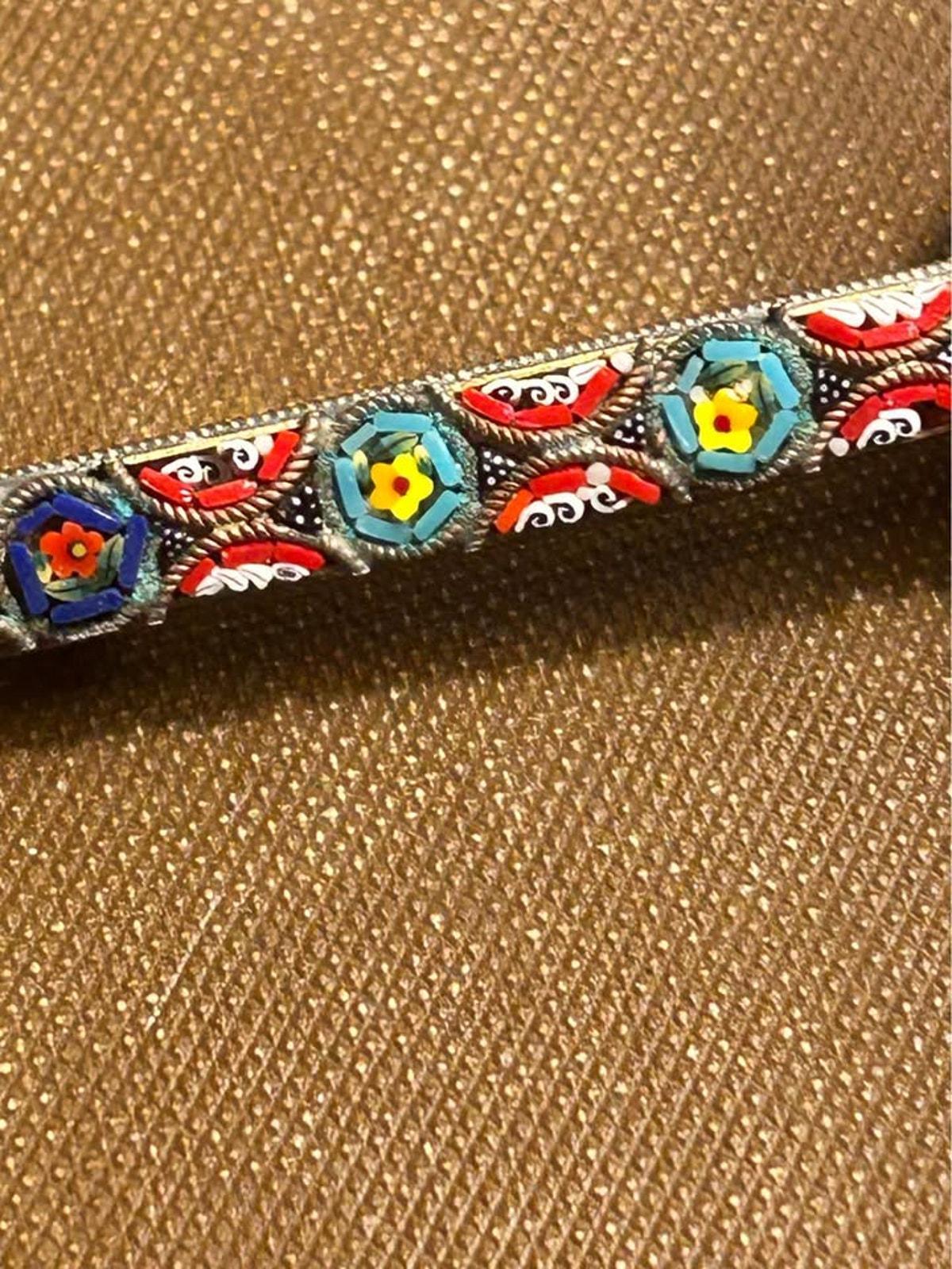 Vintage Italian Micro Mosaic Floral Bar Pin Brass Grand Tour Style Brooch