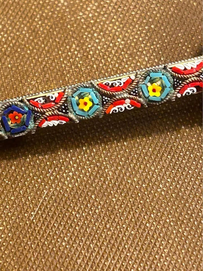 Vintage Italian Micro Mosaic Floral Bar Pin Brass Grand Tour Style Brooch