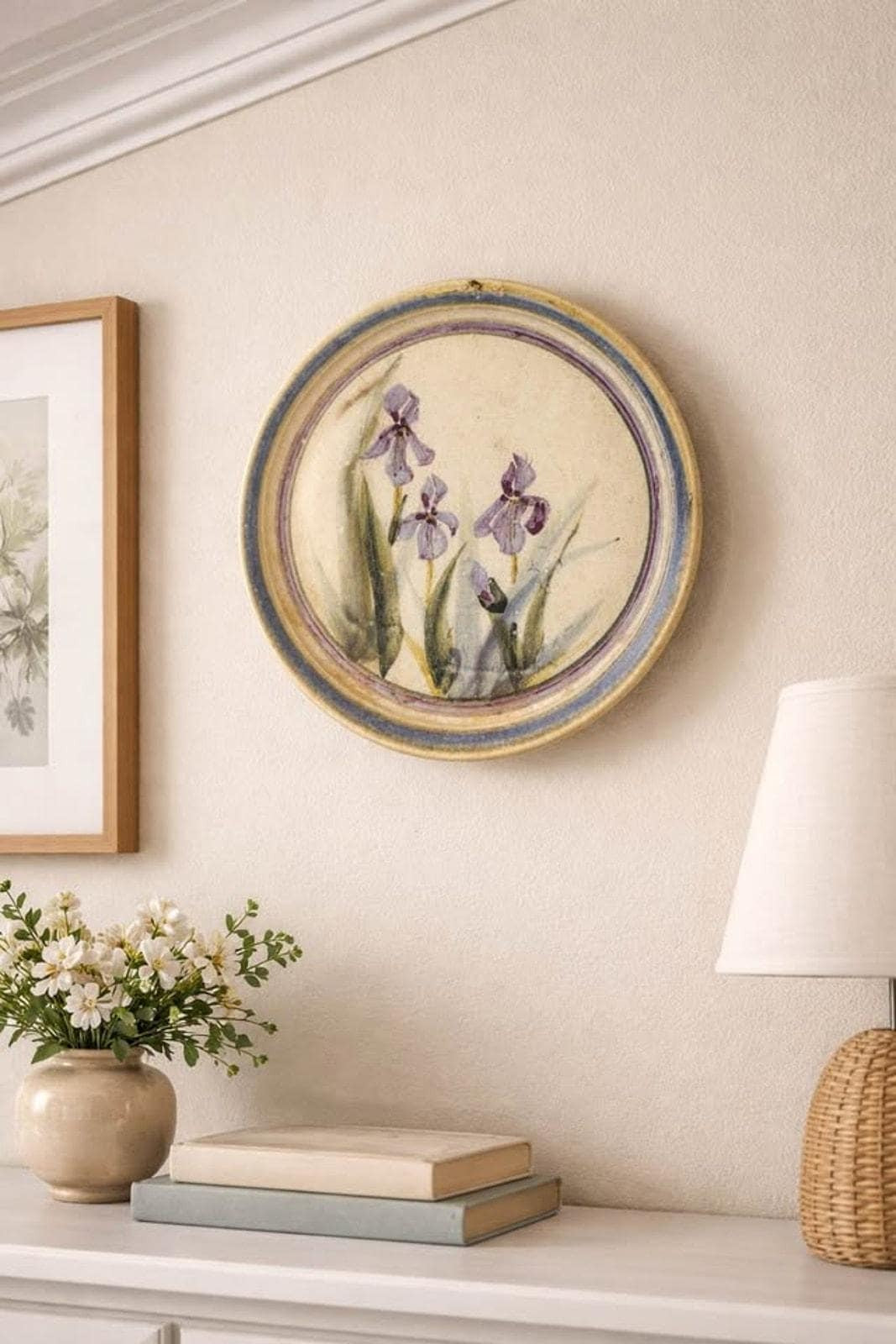 Vintage Studio Pottery Platter | Hand-Painted Purple Iris Botanical Stoneware Dish