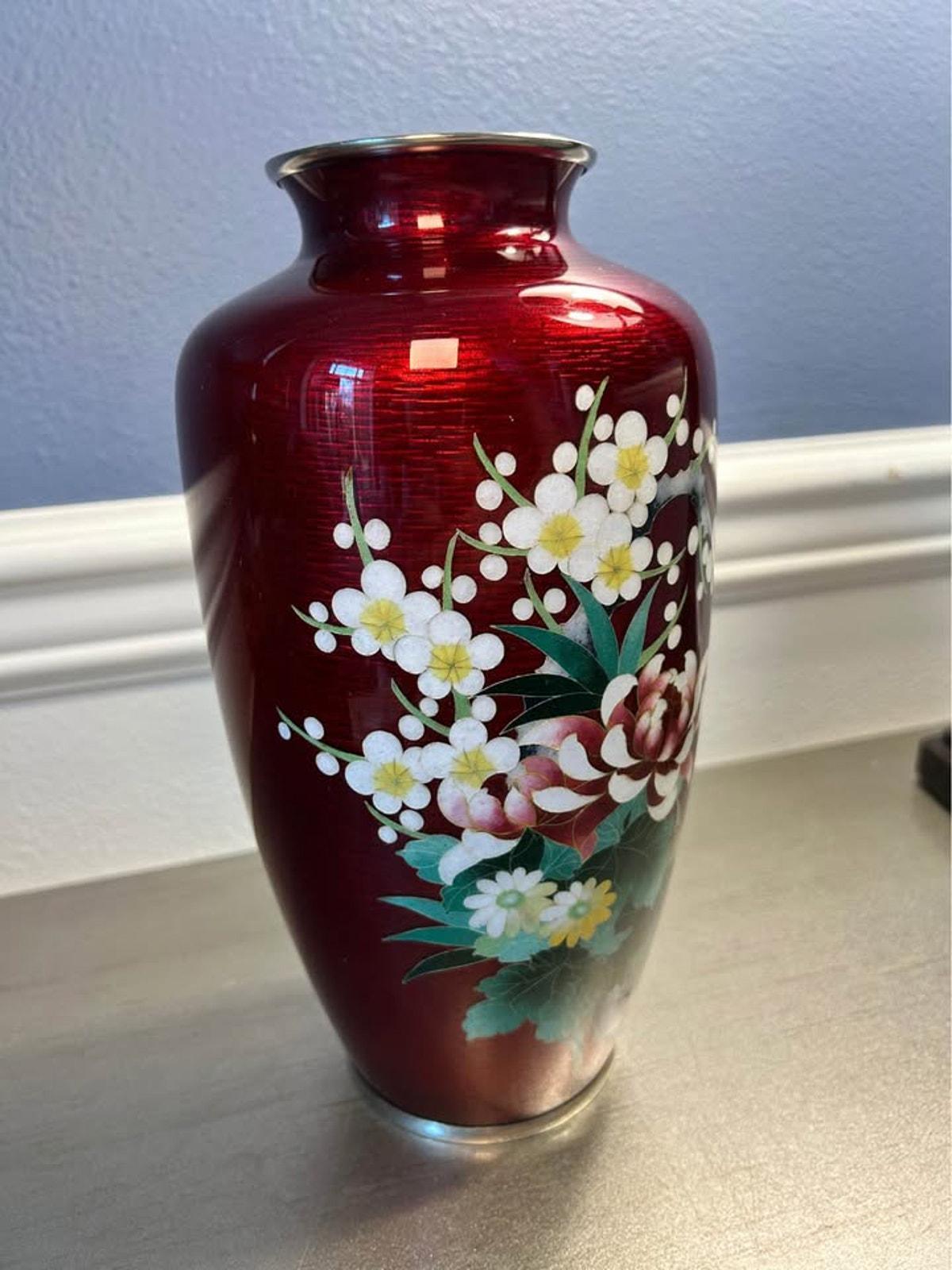 Ando Cloisonne Co. Red Akasuke Floral Vase | 9.5" Japanese Enamel