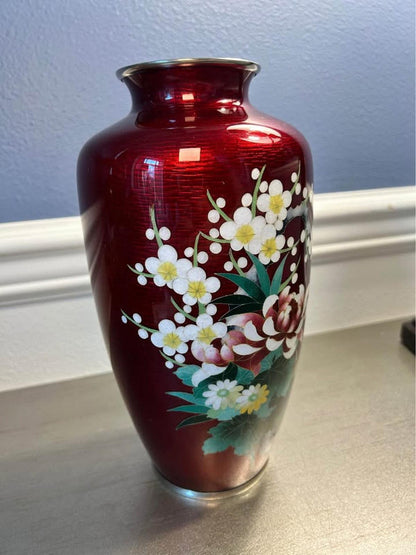 Ando Cloisonne Co. Red Akasuke Floral Vase | 9.5" Japanese Enamel