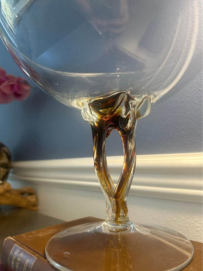 Mid-Century Modern Amber Controlled Twist Glass Compote - Large 11” Art Glass Centerpiece Bowl