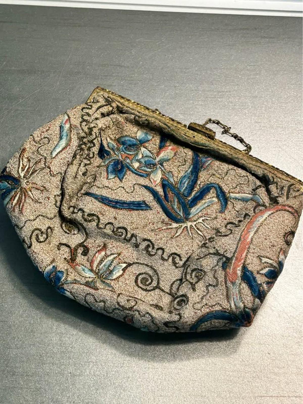 Antique French Chinoiserie Embroidered Art Deco Purse with Clasp