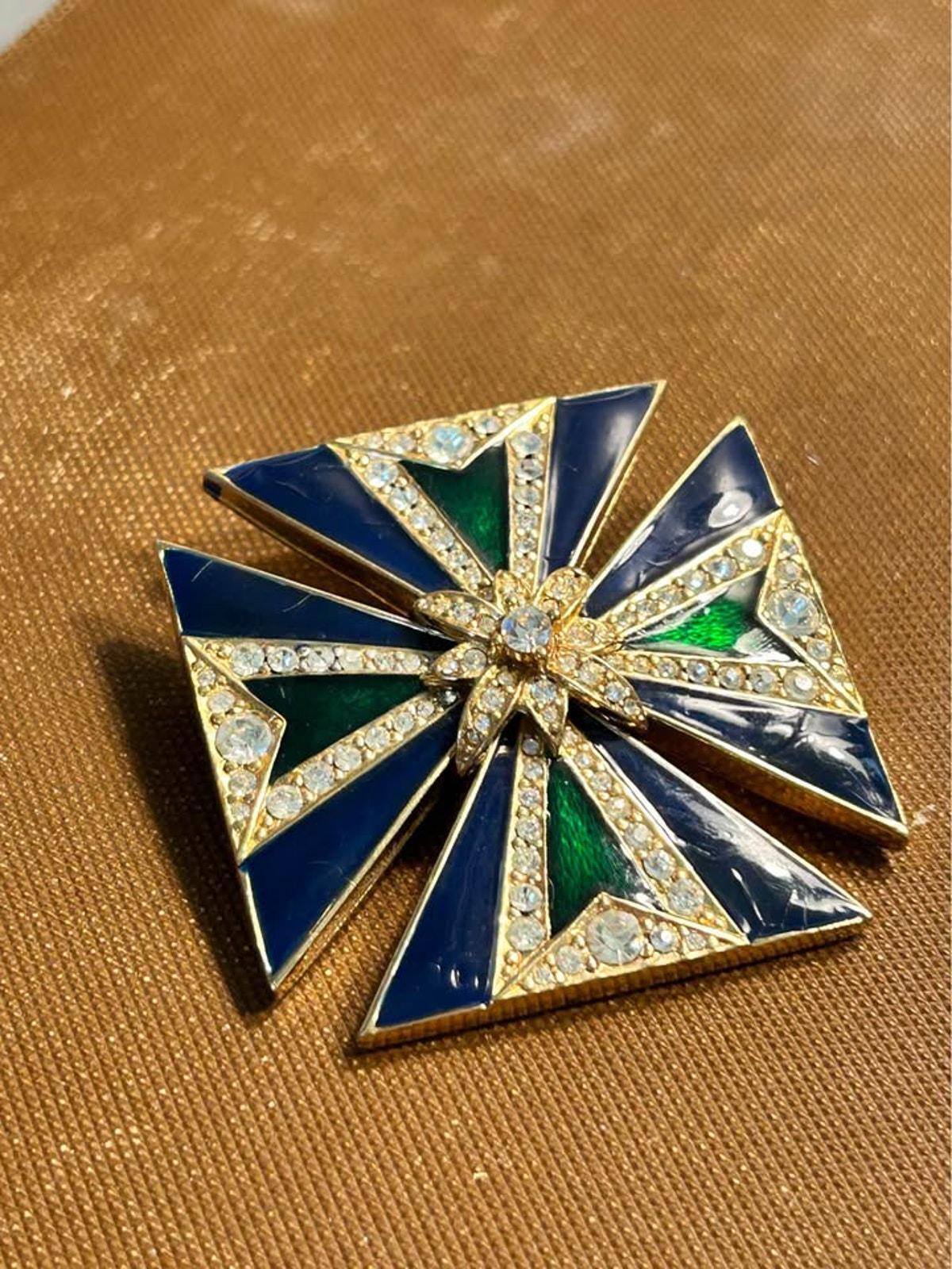 Ciner Vintage Blue and Green Enamel Maltese Cross Brooch and Pendant