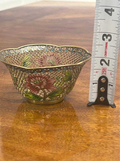 Vintage Plique-à-Jour Translucent Enamel Floral Bowl Scalloped Edge