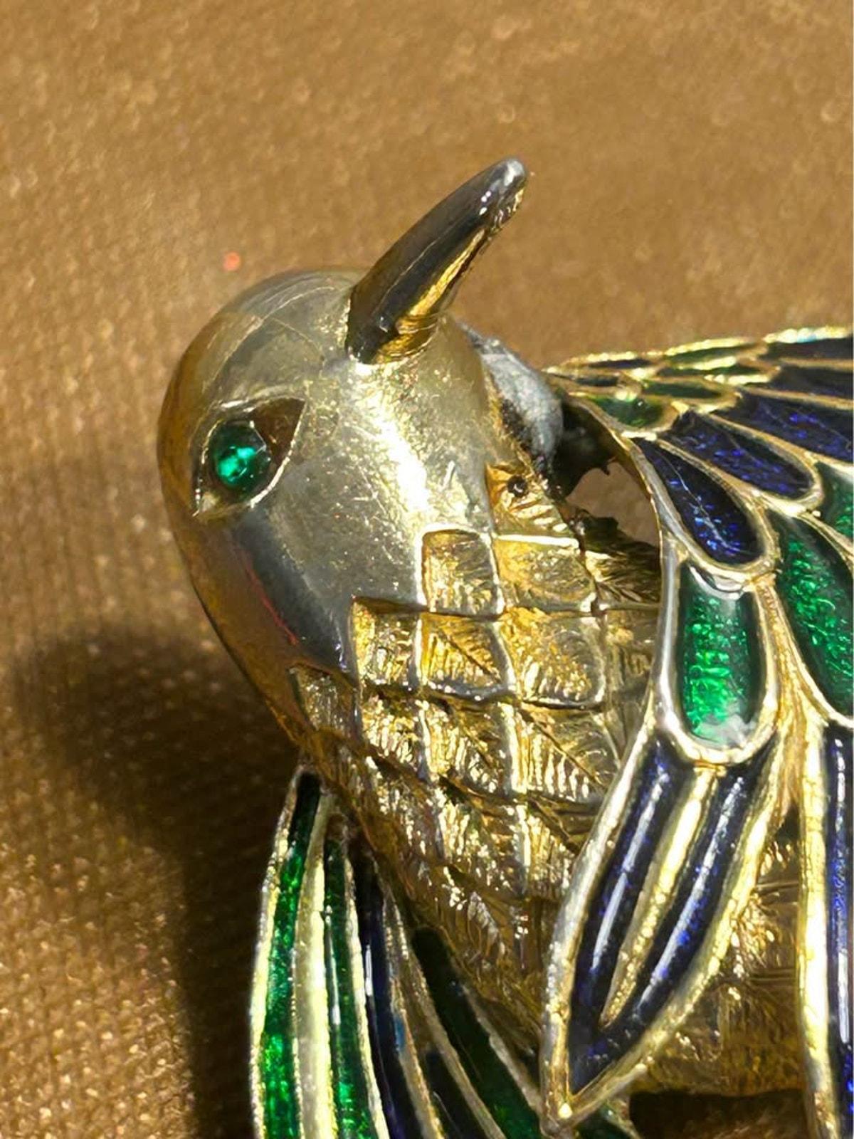 Vintage Sphinx London Bird Brooch, Gold Tone Blue & Green Enamel Pin, Numbered A2597
