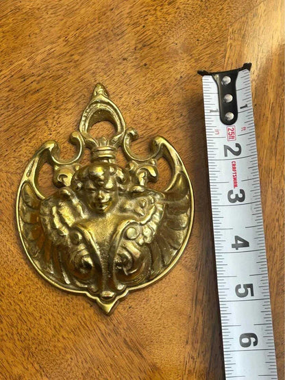 Vintage Cast Brass Cherub Match Holder Wall Pocket, Ornate Baroque Catchall