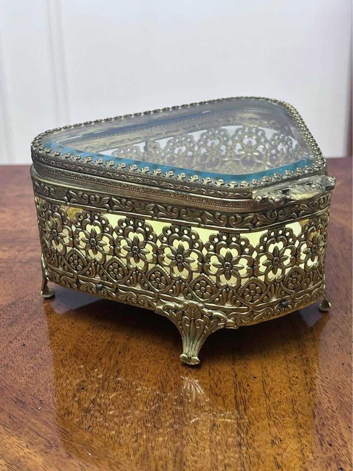 Vintage Hollywood Regency Ormolu Beveled Glass Trinket Box Floral Vanity Casket