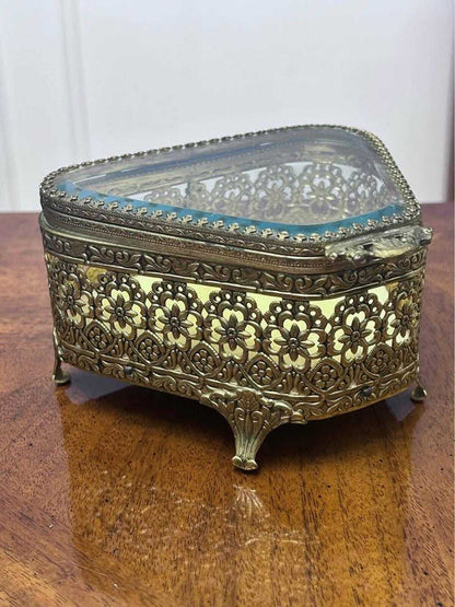 Vintage Hollywood Regency Ormolu Beveled Glass Trinket Box Floral Vanity Casket