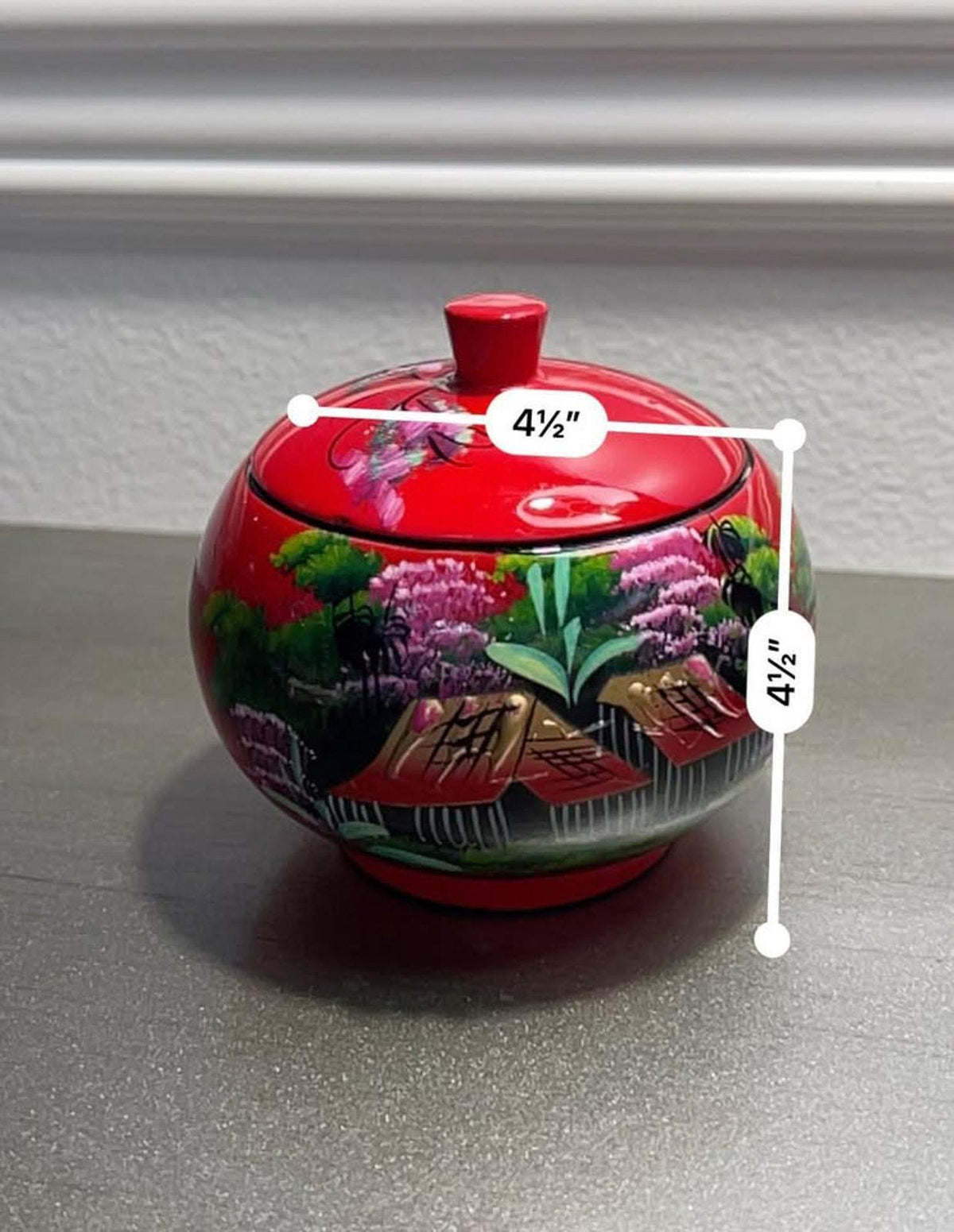 Vintage Vietnamese Red Lacquer Ginger Jar – Hand-Painted Relief Landscape, Mid-Century Asian Art