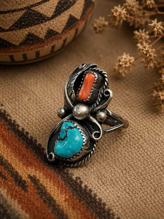 Vintage Mashallah Quraishi Sterling Silver Turquoise Coral Ring Size 7 Southwestern