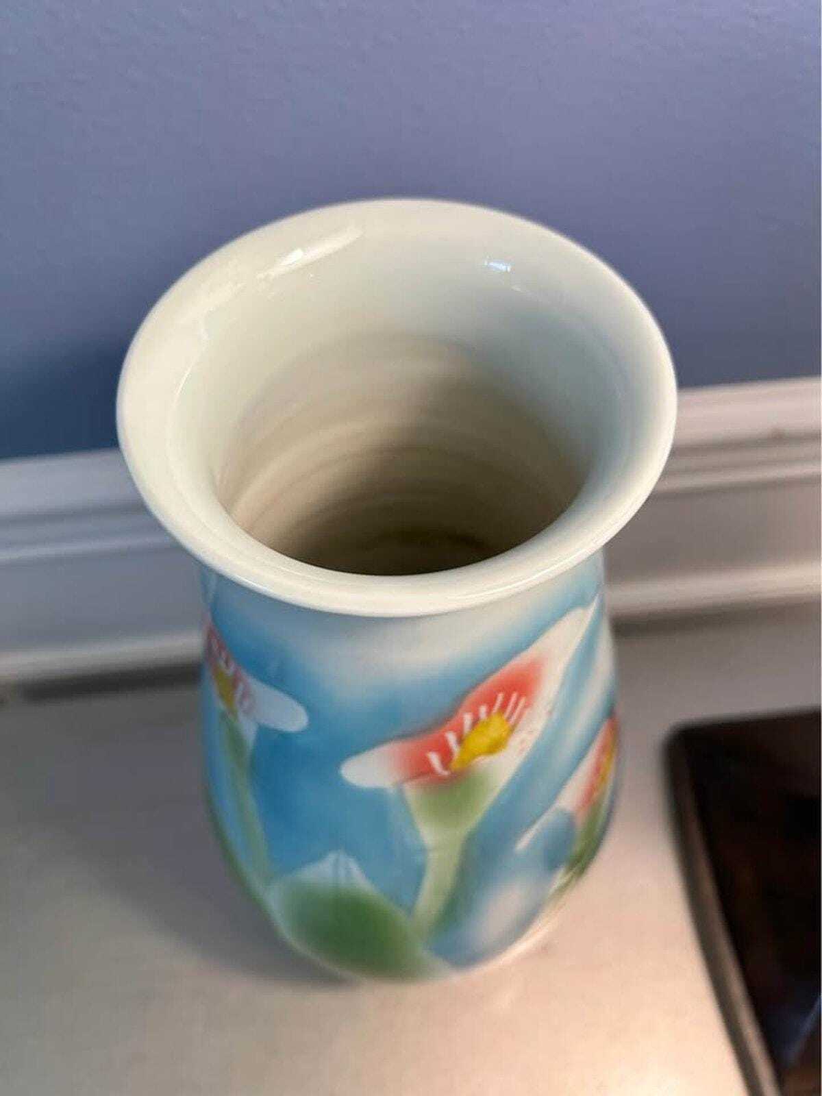 Large Hand-Painted Calla Lily Ceramic Vase with Chinese Calligraphy