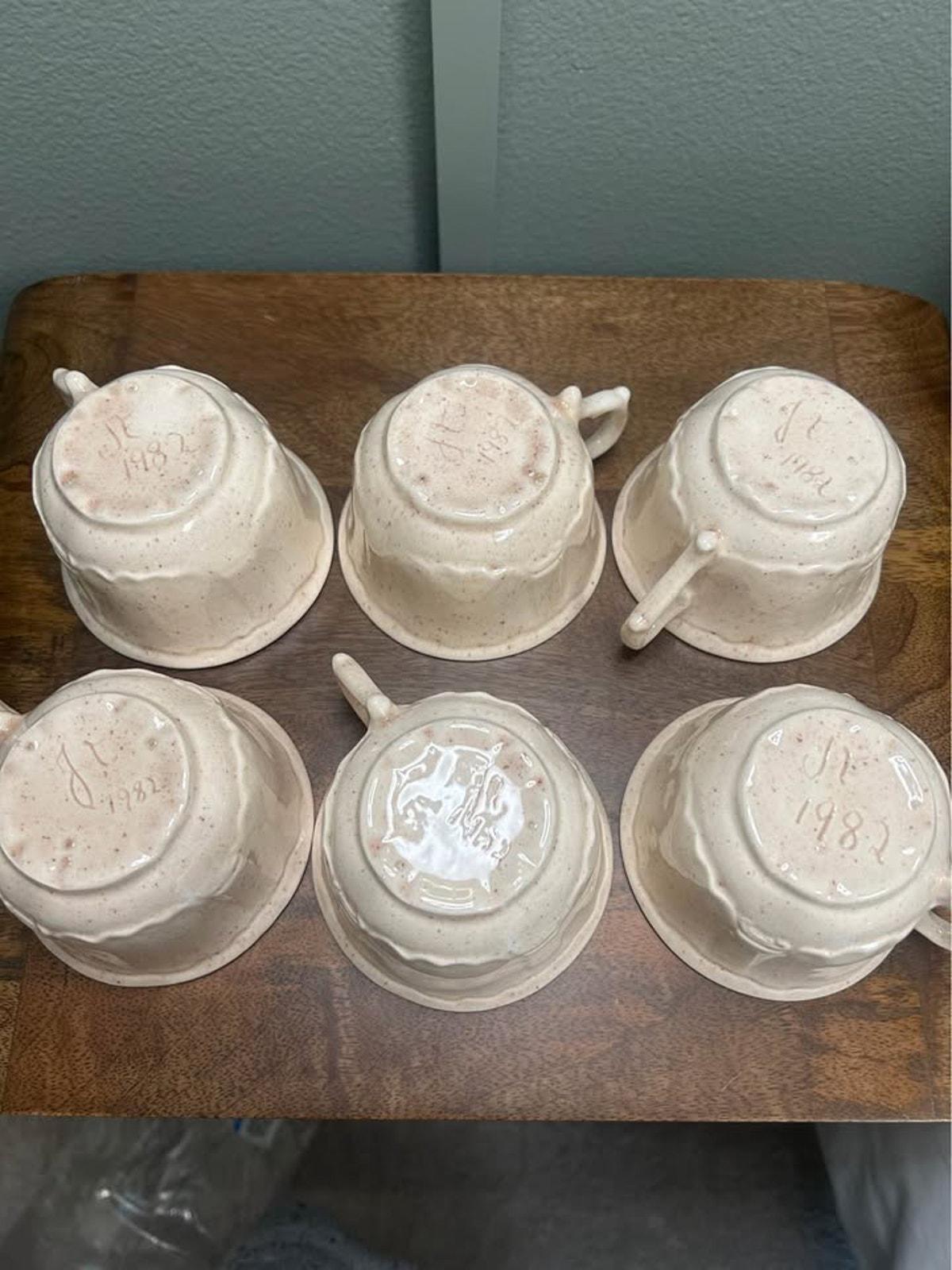 Vintage Studio Pottery Mugs – Set of 6 Speckled Stoneware Coffee Cups (1982)