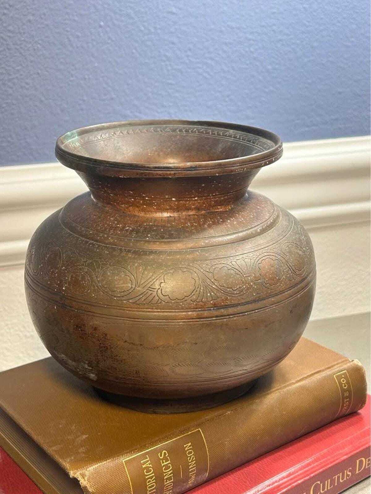 Vintage Hand-Engraved Indian Brass Lota Kalash Water Pot Etched Metal Vase
