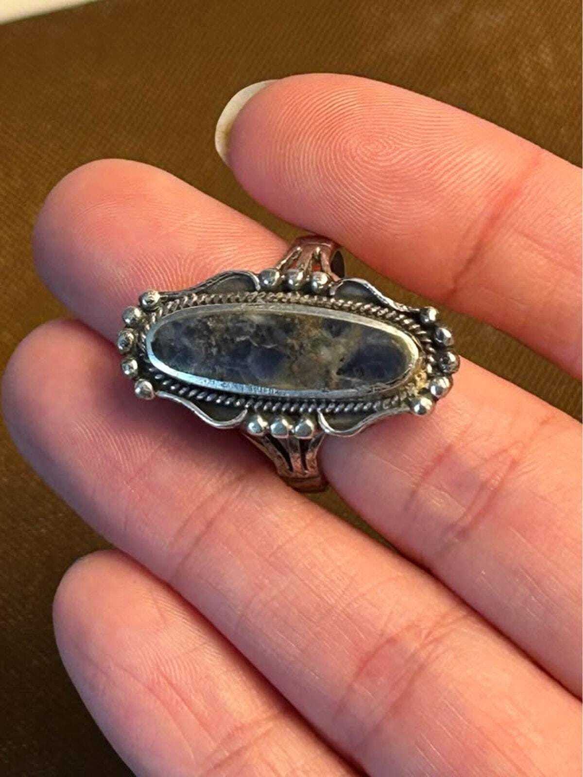 Vintage Sodalite 925 Sterling Silver Elongated Statement Ring Size 8