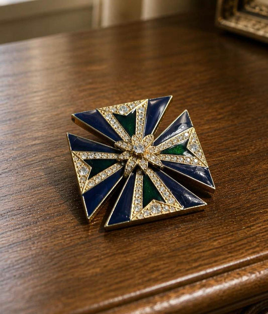 Ciner Vintage Blue and Green Enamel Maltese Cross Brooch and Pendant