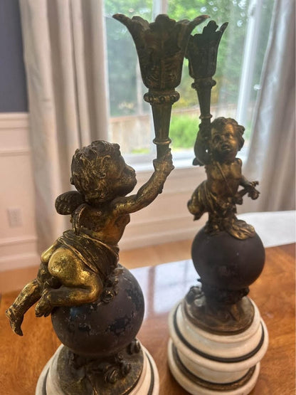 Antique French Style Gilt Spelter Putti Candlesticks on Marble Bases