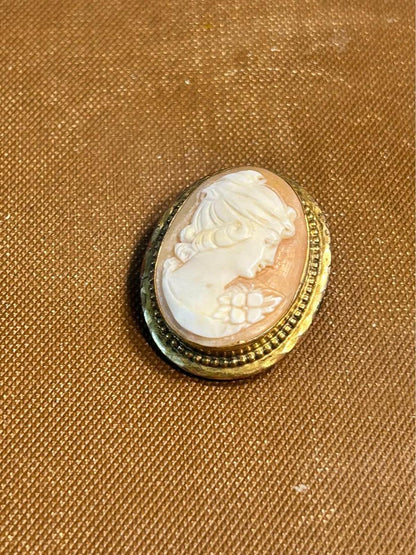 12K Gold Filled Hand-Carved Shell Cameo Brooch, Mid-Century Flora Profile