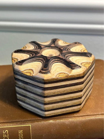 Artisan Carved Layered Wood Hexagonal Trinket Box with Magnetic Lid