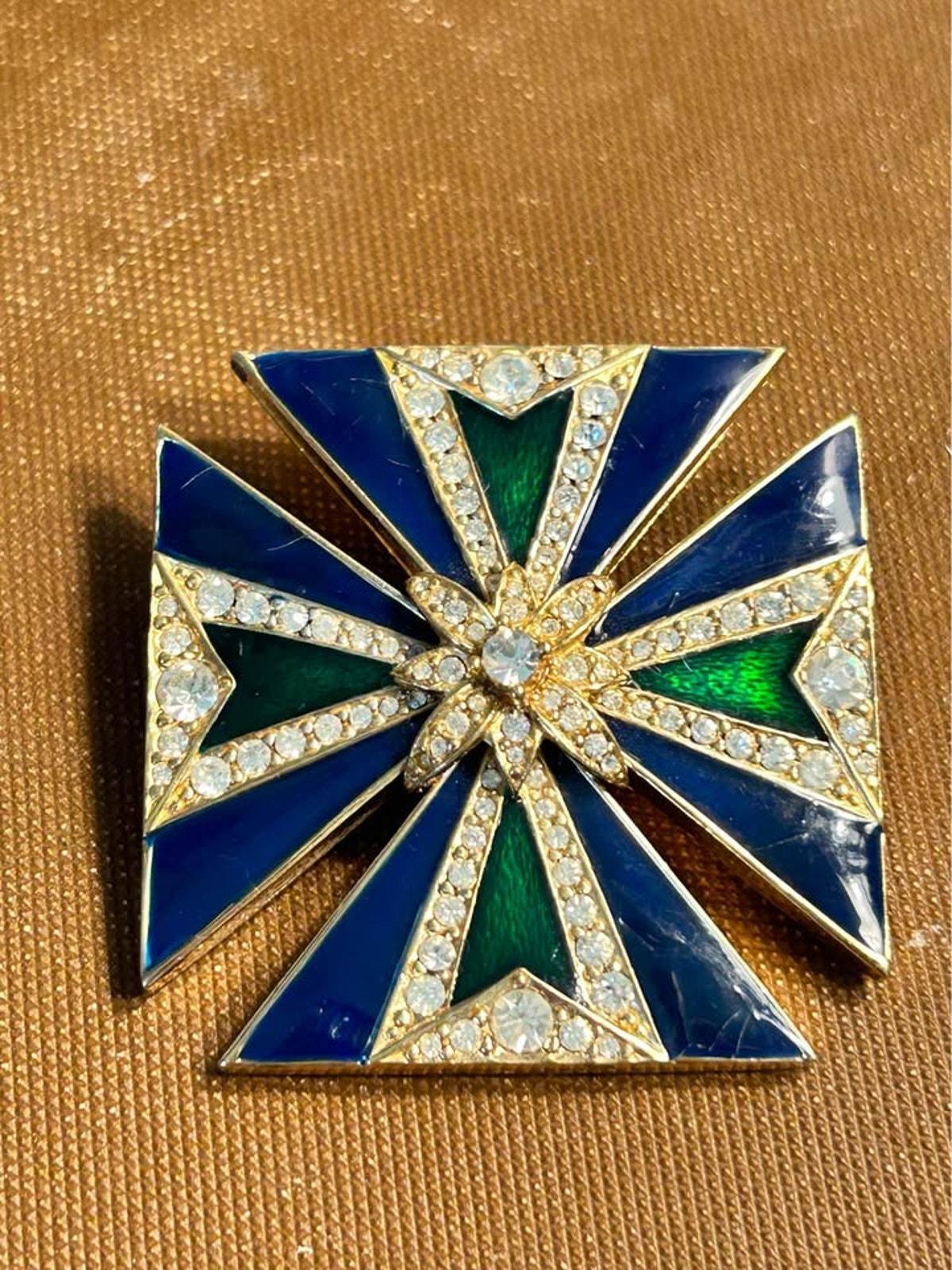 Ciner Vintage Blue and Green Enamel Maltese Cross Brooch and Pendant