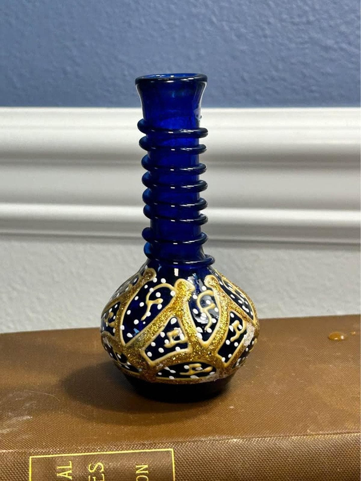 Vintage 1970s Bohemian Style Cobalt Blue & Gold Glass Miniature Vase