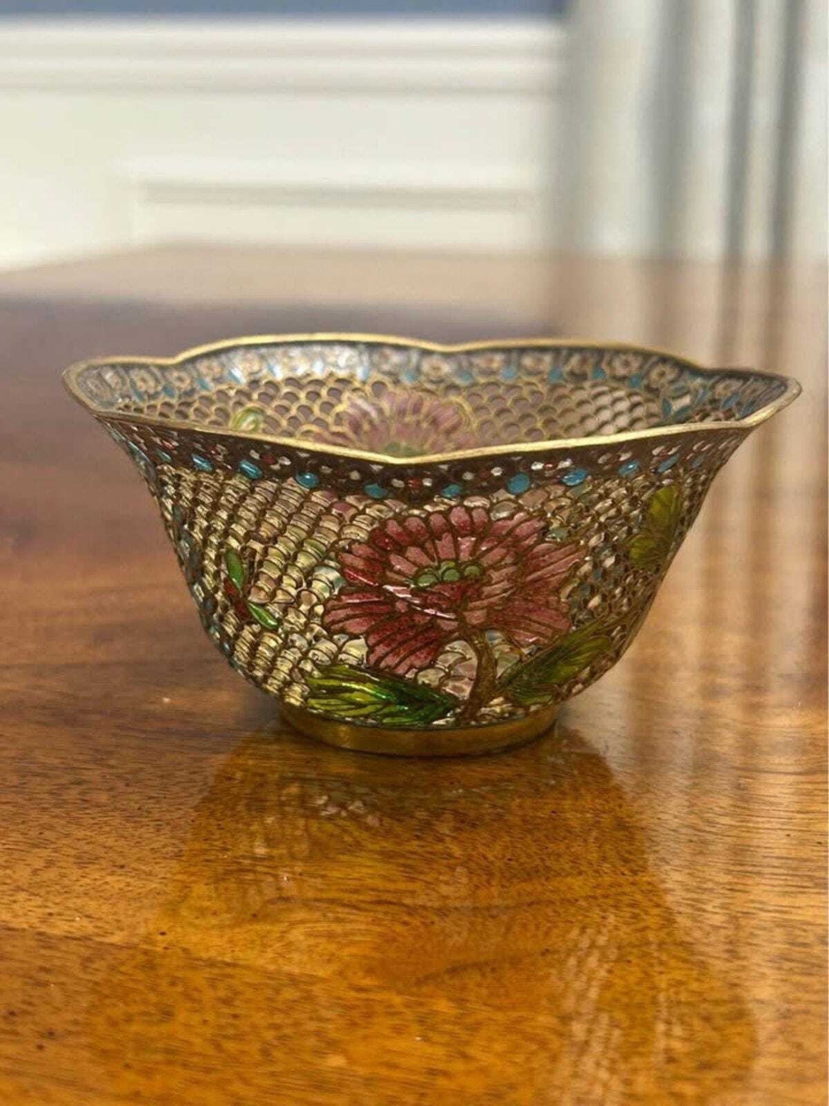 Vintage Plique-à-Jour Translucent Enamel Floral Bowl Scalloped Edge