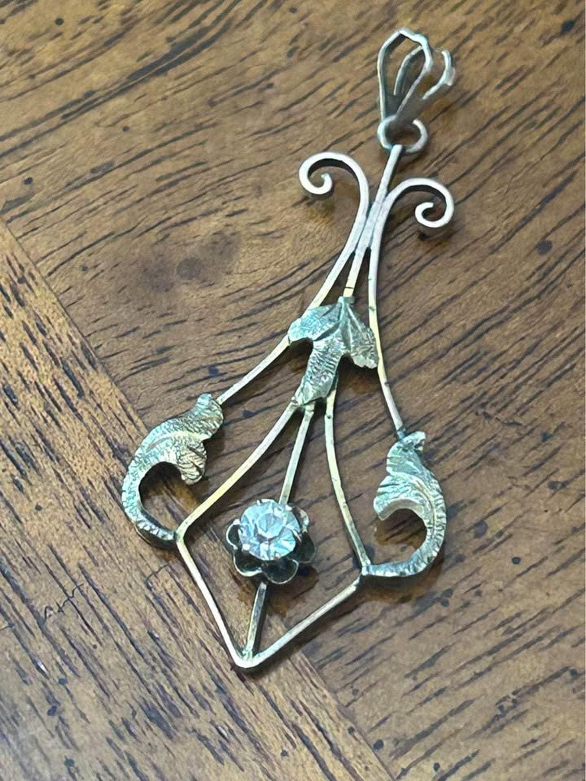 Antique Art Nouveau 10k Gold & Diamond Foliate Lavaliere Pendant