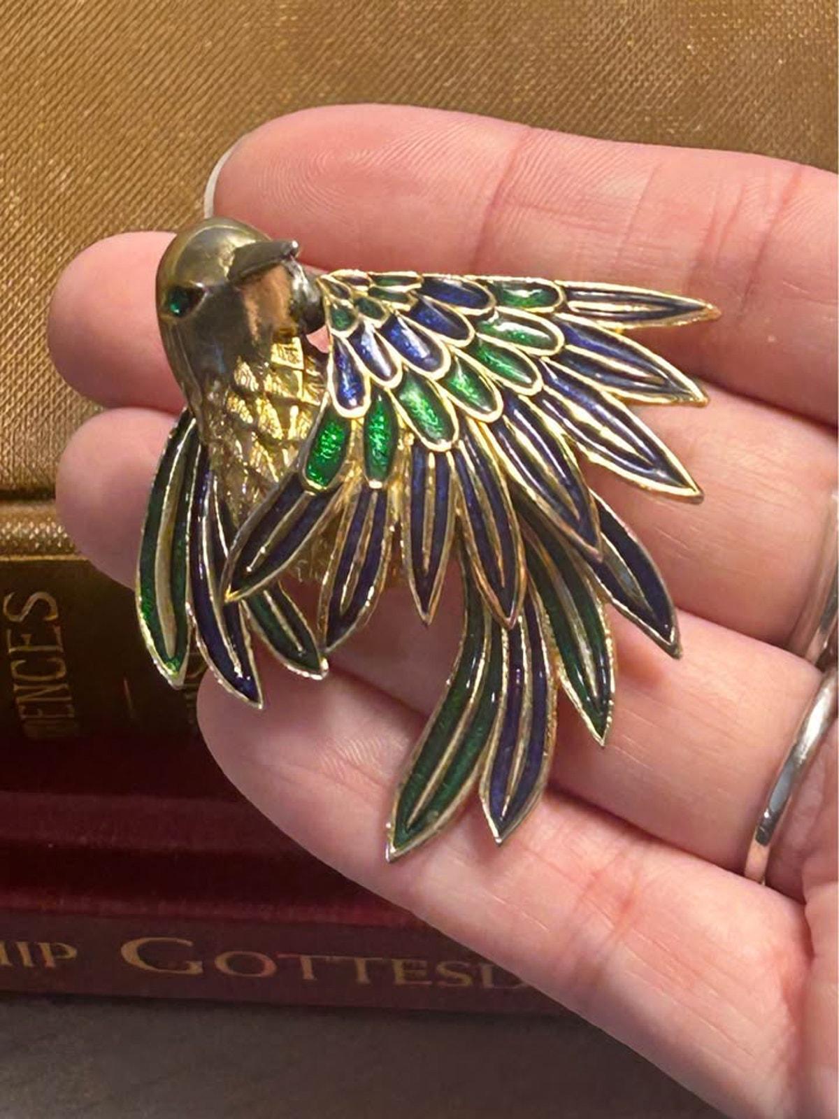 Vintage Sphinx London Bird Brooch, Gold Tone Blue & Green Enamel Pin, Numbered A2597