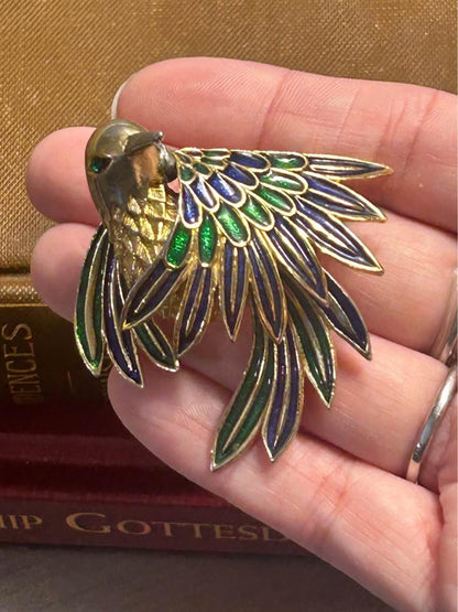 Vintage Sphinx London Bird Brooch, Gold Tone Blue & Green Enamel Pin, Numbered A2597