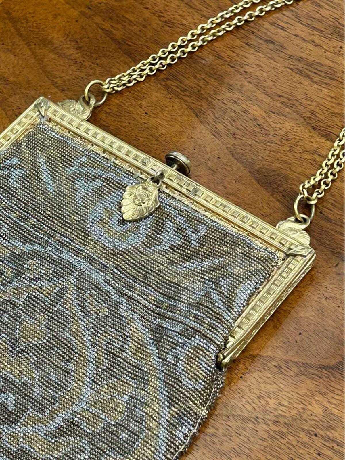 Antique 1920s Art Deco Micro-Beaded Evening Purse with Brass Swan Frame