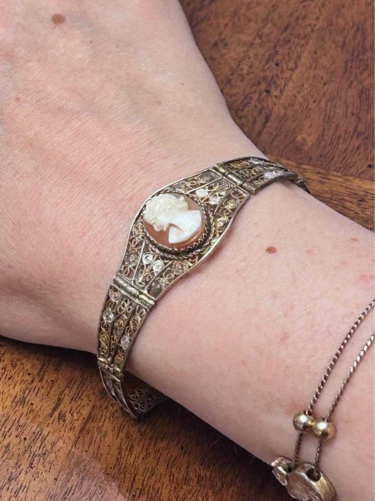 Antique Art Deco 800 Silver Filigree Hand Carved Shell Cameo Panel Bracelet