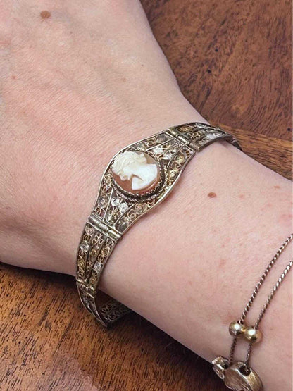 Antique Art Deco 800 Silver Filigree Hand Carved Shell Cameo Panel Bracelet