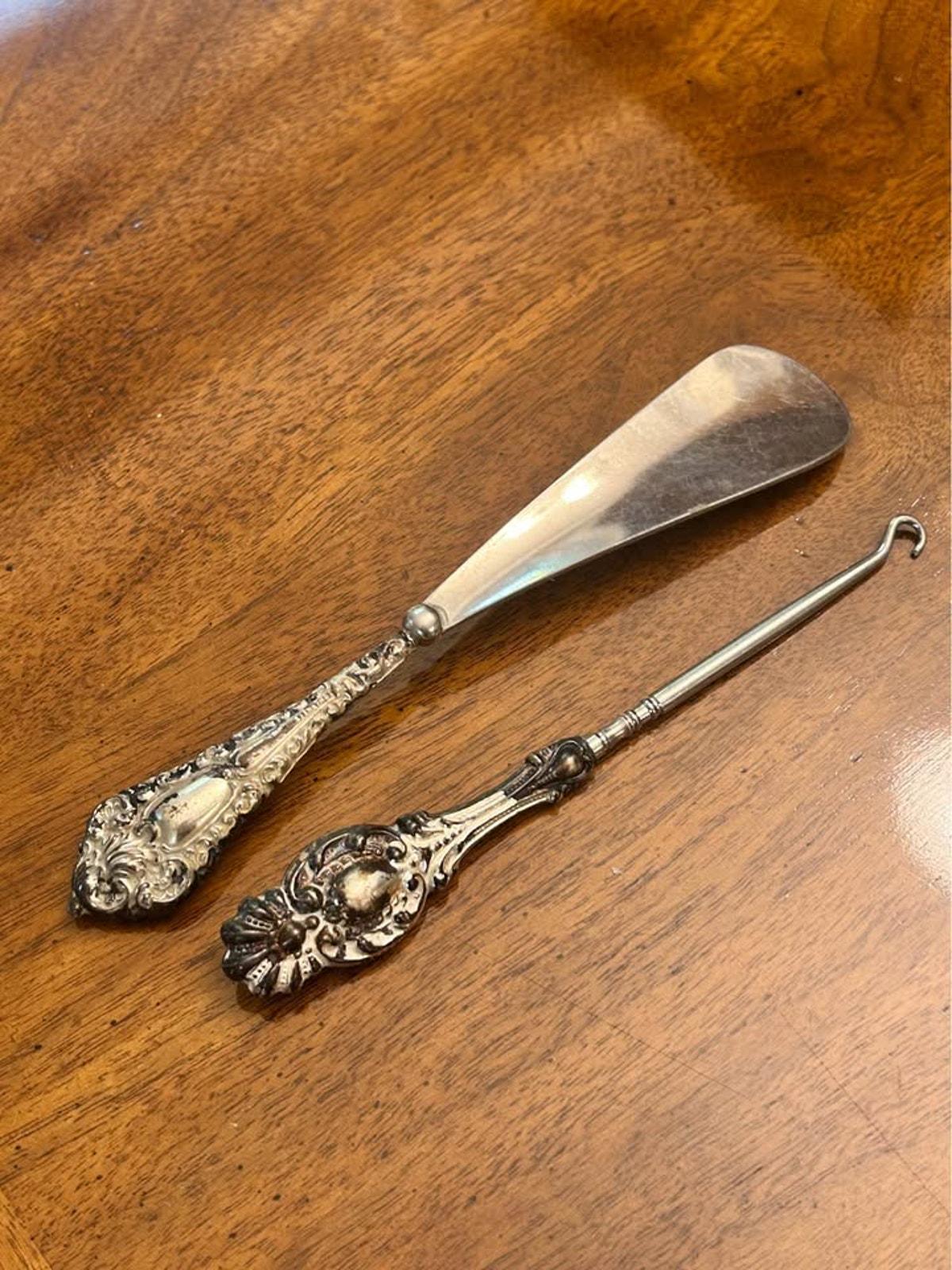 Antique Sterling Silver Repoussé Shoe Horn and Button Hook Vanity Set