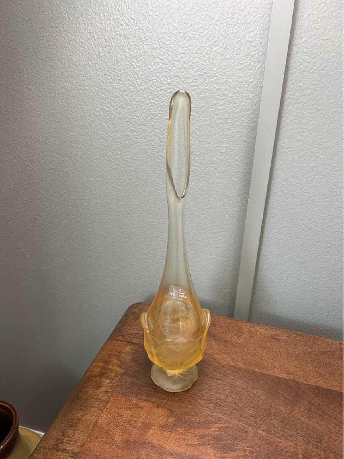 Viking Glass Amber Frosted Satin Lotus Bud Long Neck Swung Vase