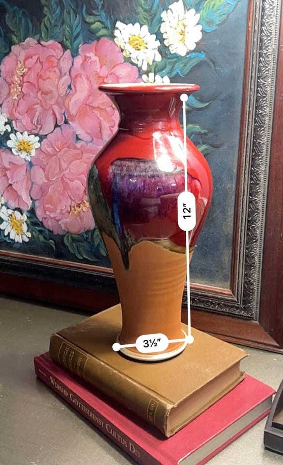 Kevin Berg Signed Studio Art Pottery - 12" Drip Glaze Terracotta Vase