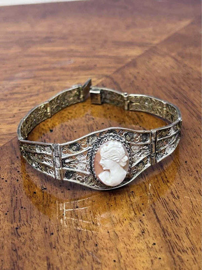Antique Art Deco 800 Silver Filigree Hand Carved Shell Cameo Panel Bracelet