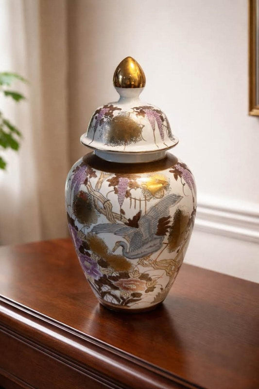 Antique Meiji Period Kutani Porcelain Ginger Jar – Wisteria and Crane