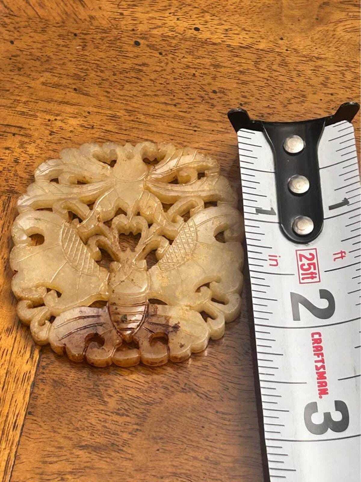Vintage Chinese Carved Nephrite Jade Butterfly Medallion Plaque Russet Inclusions