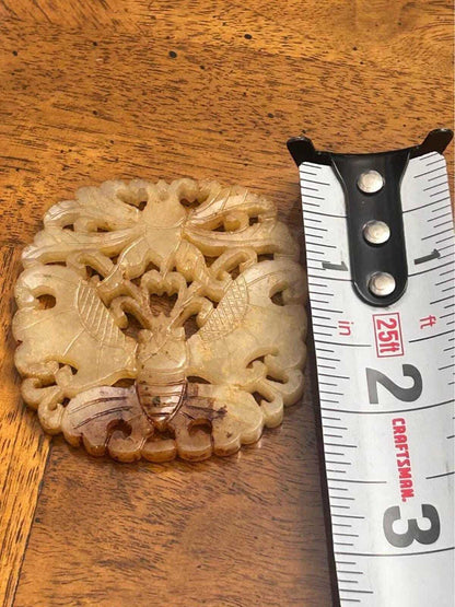 Vintage Chinese Carved Nephrite Jade Butterfly Medallion Plaque Russet Inclusions